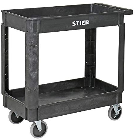 STIER Kunststoff-Vielzweckwagen mit 2 Etagen und 4 lenkbaren Rollen, 250 kg Tragkraft, Maße: 870 x 430 x 850 mm, Montagewagen, Werkzeugwagen, Farbe grau