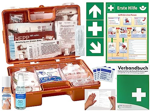 Verbandskoffer/Verbandskasten (K) Typ CS -INKL. 90° ARR. -Komplettpaket- Erste Hilfe - aktuelle DIN 13157 (Betriebe) INKL. PERFORIERTEM VERBANDBUCH + Hygiene-Gel + Sprühpflaster + Aufkleber + Aushang