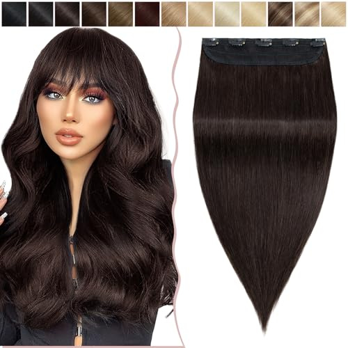 SEGO Haarteil Clip in Extensions Echthaar DICKER 1 Tresse 5 Clips Dicker Dichter Haarverlängerung 100% Remy Human Hair Dunkelbraun#2-1 18(45cm)-90g