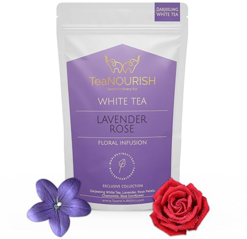 TeaNOURISH Lavender Rose White Tea | Darjeeling Silver Needles White Loose Leaf Tea Blended with Lavender, Rose Petals, Chamomile & Blue Cornflower - 1.76oz/50g