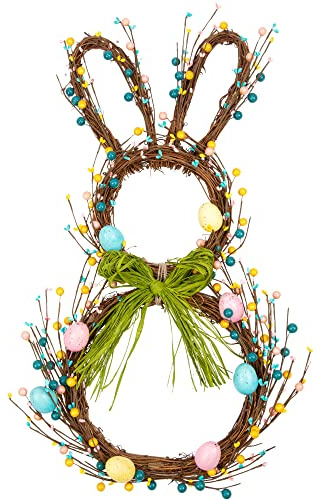 VGIA 27 Inch Artificial Easter Wreath for Front Door Rabbit Wreath with Pastel Eggs and Mixed Twigs Spring Bunny with Raffia Bow for Easter Decorations