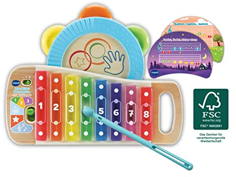 VTech Baby Interaktives Holz-Xylofon mit Tamburin – Leuchtendes Musikspielzeug aus 100 Prozent FSC®-Holz – Für Kinder von 1,5-4 Jahren