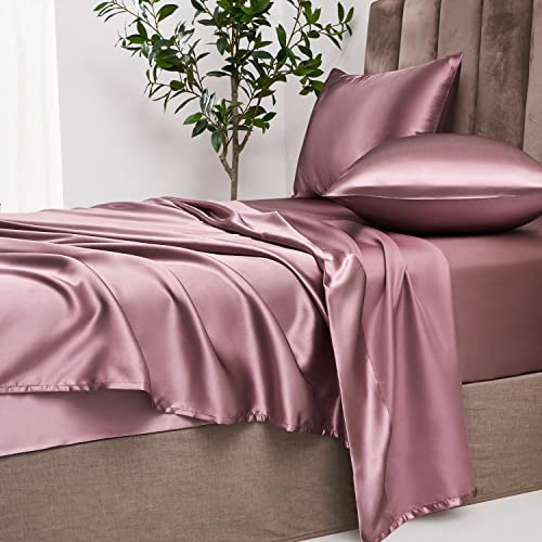 Damier Satin Spannbettlaken 200x200cm Rosa Altrosa Seide Glänzend Spannbetttuch Hochwertiges Satin Deluxe Bettlaken, geeignet für Matratzen bis 30cm