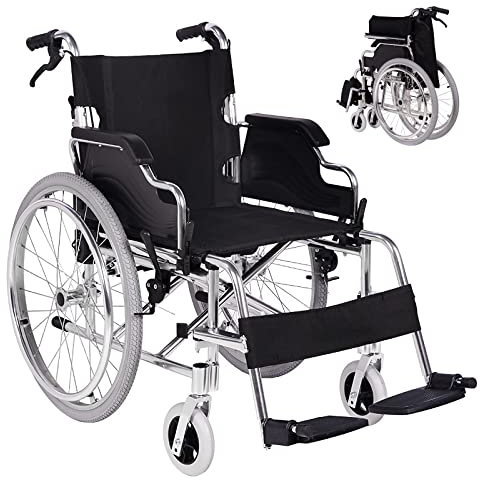 Rollstuhl Faltbar Leicht Aluminium Aktivrollstuhl, Reiserollstuhl mit Trommelbremsen, Rollstühle für die Wohnung und Unterwegs, 45cm Sitzbreite, Belastbarkeit 150 kg, Silber