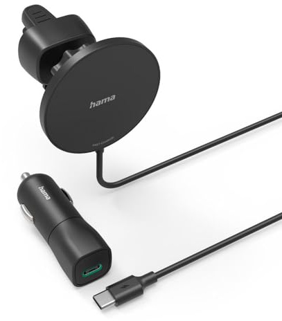 Hama Auto Ladegerät, Kfz Handy Ladegerät 15 Watt kabellos für iPhone (Magnetisch Laden, Ladeadapter für Lüftungsgitter, Wireless Charging, Apple MagSafe-kompatibel, Hochformat und Querformat) schwarz