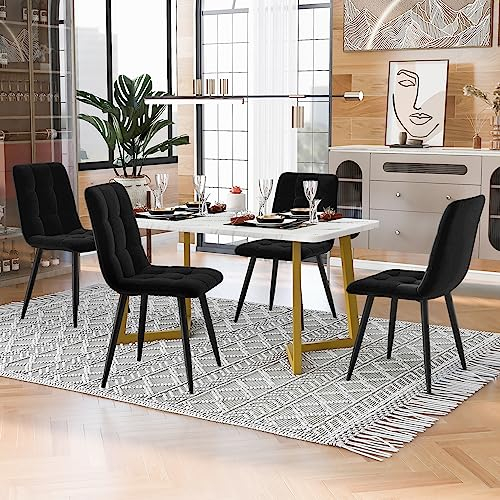 Dolamaní Esstisch mit 4 Stühlen Set,Samt Küchenstuhl Polsterstuhl Design Stuhl mit Rückenlehne,Rechteckiger Esstisch Marmor Moderner Küchentisch Set,Schwarz