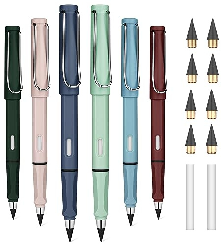 OFFCUP Everlasting Pencil, 6 st evighetspennor med suddgummi och ersättningsspetsar, återanvändbar bläckfri penna för att skriva, rita, studenter hem kontor skolmaterial (retrofärg) | Bläcklösa pennor evigt, oändlig penna magiska pennor Magic Infinity för vuxna studenter – retro