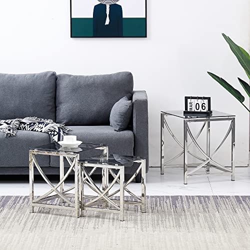 Satz von 3 Couchtischen aus Glas in Silber, Schwarz und Grau, Satztisch, modernes Design, Sofa-Seitenecken-Endlampentisch, kleine, quadratische, minimalistische Satztische für das Wohnzimmer