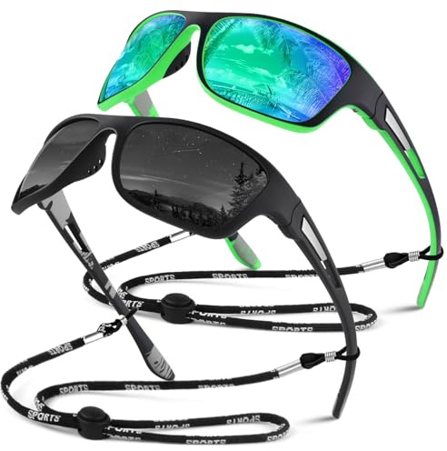 Sunier Solglasögon herr dam polariserade sport körning fiske cykling solglasögon 100 % UV400 skydd, Svart ram | Grå lins + svart-grön ram | Grön lins, M