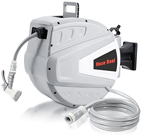 Tubiaz Avvolgitubo da 30 m, montaggio a parete, tubo da giardino con ritiro automatico, scatola tubolare girevole a 180 gradi, tamburo per irrigazione giardino (grigio)