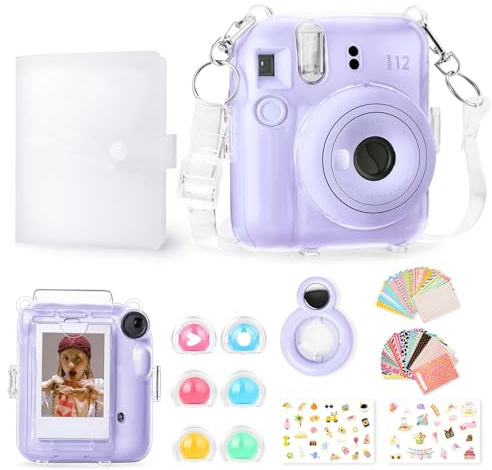 Rieibi Accessoires pour Fujifilm Mini 12, coffret cadeau comprenant un étui transparent Mini 12 avec sangle, un album photo, un miroir à selfie, des autocollants de bricolage, un filtre couleur (sans