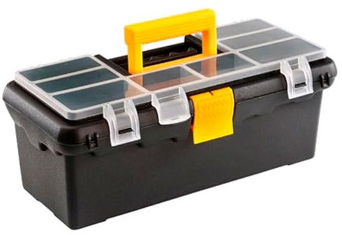 Tradineur - Caja de herramientas de plástico con asa y 8 compartimentos en la tapa, organizador, almacenamiento, fabricado en España, 38 x 18 x 14,5 cm, color aleatorio