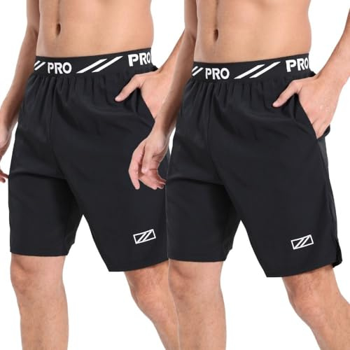 Bsrpolry 2-pack löparshorts för män gym träningsshorts träningsshorts lätta snabbtorkande andningsbara sportshorts atletiska fickor med dragkedja, #100-dblack, S