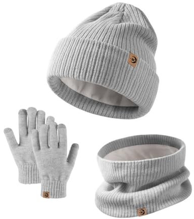 MARUKO Wintermütze Mütze Schal Handschuhe Set für Kinder, Mädchen Jungen Halswärmer Touchscreen Fäustlinge Weiches Fleece Futter Elastisch Sport Outdoor Geschenke für Kinder (Grau)