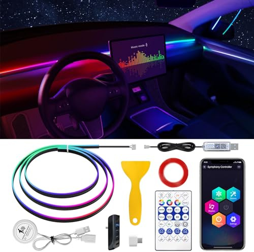 Tesla Model 3/Y Dreamcolor Bande lumineuse LED d'intérieur en acrylique avec détecteur de mouvement et concentrateur USB, néon RVB de 140 cm pour kits d'ambiance 2021-2023
