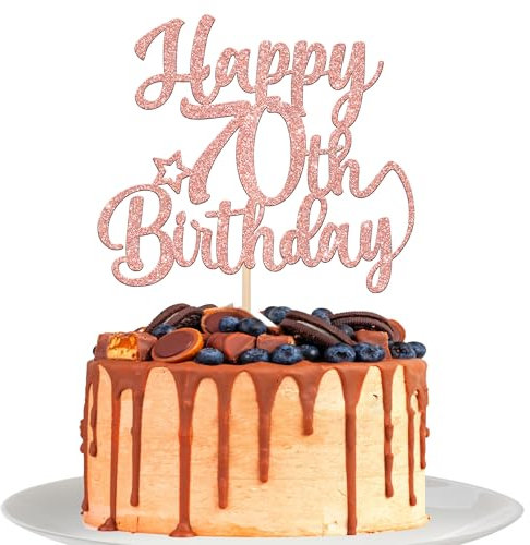 Xsstarmi 1 Pack Happy 70th Birthday Cake Topper Star Glitter Cheers to 80 Years Fabulous Cake Pick for Number 70 Theme Party Cake Decorations Supplies Rose Gold