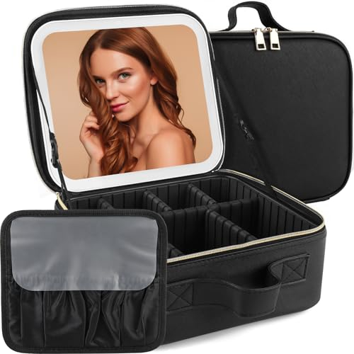 Schminktasche mit Spiegel und Licht 3 Farben und Stufenloser Dimmbarkeit Schminktasche USB-C Aufladung LED Spiegel Schminkkoffer wasserdichte Make up Tasche mit Make-up Lagerung Geschenk für Frauen