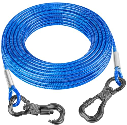 Tresbro 15FT Reflective Tie Out Cable for Dogs Up to 250 Pounds, Steel Wire Lead Leash Cable with Stainless Dual Fix Buckle, Lightweight and Enduring, Dog Chains for Outside, Yard, Camping, Blue