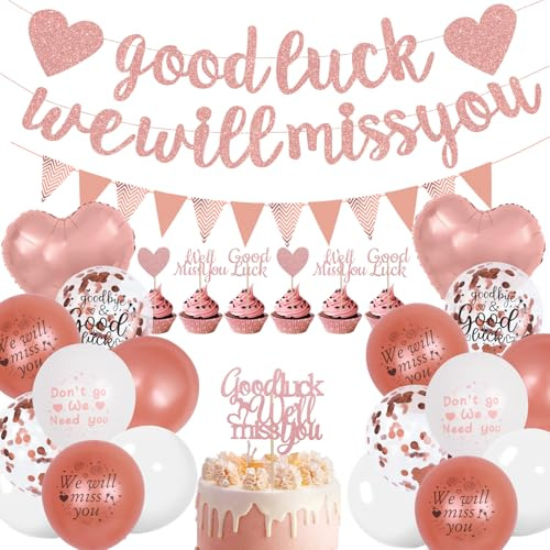We Will Miss You Banner Party Decorations, Rose Gold Good Luck Balloons Latex Balloon Triangle Flag Banner Cake Topper for Retirement Party Graduation Leaving Farewell Decoration
