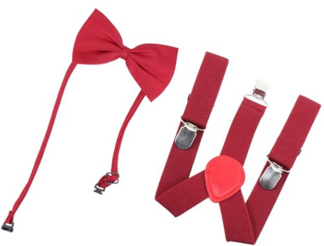 LIFKOME Mädchen Hosenträger Und Fliegen Set Elastisch Und Verstellbar Für Jungen Und Mädchen Akademischer Stil Für Back Design Weinrot Mit Zufälliger Farbgestaltung