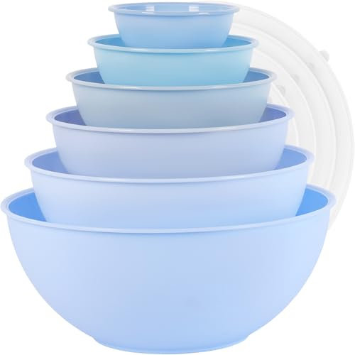 BoxedHome Ciotola con coperchio, ciotola riutilizzabile, confezione da 12 pezzi, ciotola per insalata, in plastica, impilabile, per cucina (6 ciotole e 6 coperchi, blu tenere)