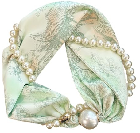 ZBIianxer Elegantes Halstuch Mit Perlenkette Und Magnetischer Schnalle Für Damen Vintage Blumen Seidenhalstuch