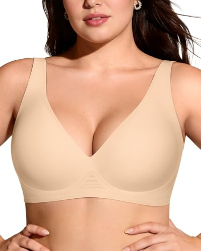 OEAK Womens Deep V Bras Wireless Comfortable Bra Supportive No Underwire Bras Tshirt Push Up Bralettes Plunge Seamless Bra Beige S