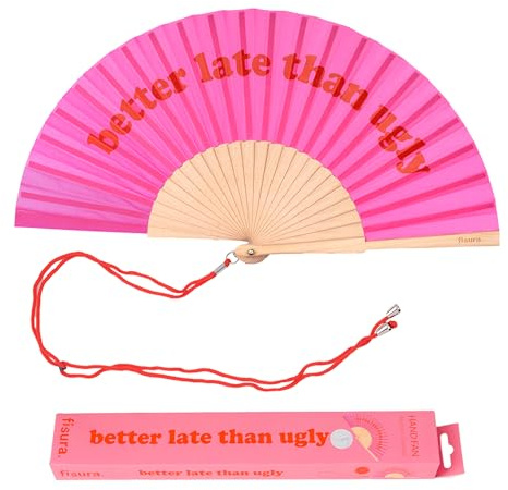 Fisura – Abanico Original con Mensaje Have Fun”. Abanico de Madera Moderno y Colorido. Ventilador de Mano de Purpurina Rosa. Colgador Incluido. (Better late, rosa)