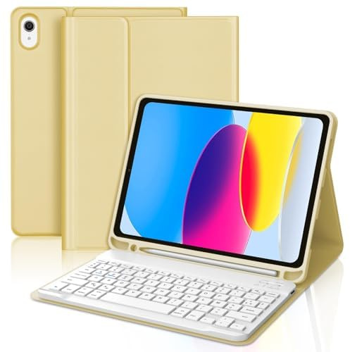 WAVATA Clavier pour iPad 10e Génération et iPad 11 Ème Generation A16, (10.9 2022/11 Pouces 2025), Étui Keyboard Bluetooth Magnétique Détachable AZERTY Français, Jaune