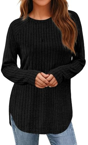 Sukiglam Jersey Mujer Básico Suéter de Punto Manga Larga con Cuello Redondo y Diseño Acanalado Casual Elegante Otoño Invierno Pullover Slim Fit Ligero Túnica de Corte Asimétrico para Leggings