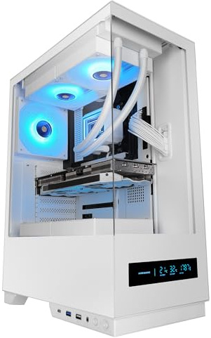 Mars Gaming MC-Pulsar, Caja Gaming ATX, Pantalla LCD Frontal en Tiempo Real, Doble Cristal Templado Frontal y Lateral, Sistema de Cableado CABLEHATCH, Refrigeración Líquida hasta 240mm, Blanco