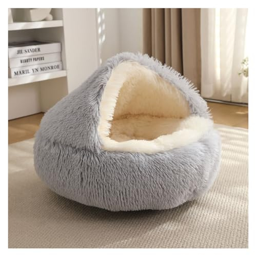 QZYGWCS Katzenbetten für Wohnungskatzen Warm Flauschig Plüschig mit Kapuze Gemütliche Höhle Welpenbetten Rutschfester Boden Waschbar für Katzen und Kleine Hunde(Light Gray,50cm/19.68in)