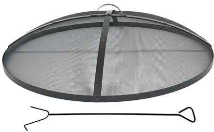 Relaxdays Protector antichispas para brasero, Incl. atizador, Rejilla Redonda de Acero, asa, diámetro 90 cm, Negro
