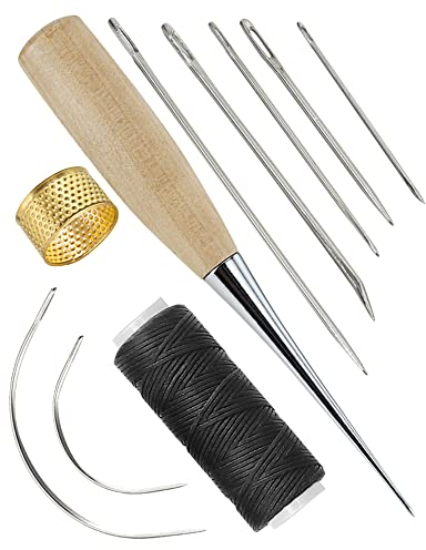 AKUNSZ Agujas de Coser Cuero 7PCS Kit de Costura de Cuero Agujas de Coser a Mano con Taladro Curvas con Punzón y Dedal para Reparar Cuero Manta Tapicería Lona Tela Gruesa etc.
