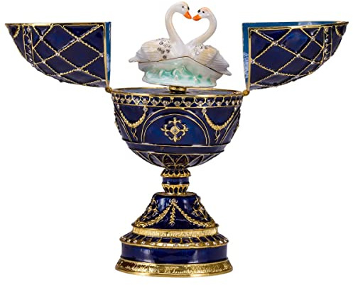 danila-souvenirs Fabergé-Stil Ei Spieluhr Schmuckkästchen mit zwei Schwänen 17 cm blau