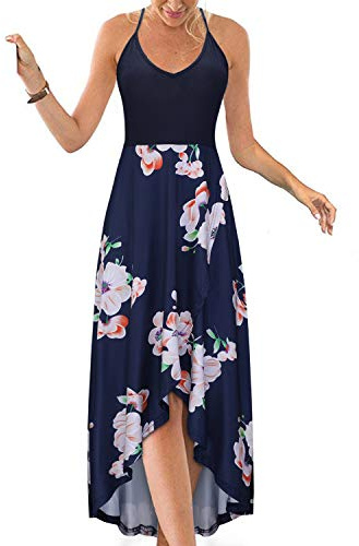 KILIG Sommerkleid Damen Spaghettiträger Kleid Vokuhila Maxikleider Damen Sommer V-Ausschnitt Freizeitkleid Blumen-1