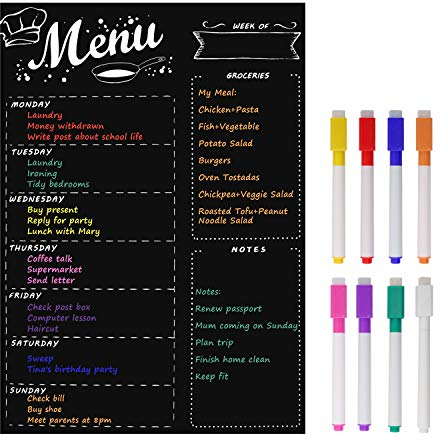 MoKo Wochenplaner Magnetisch für den Kühlschrank, 40x30cm Wochenplaner Abwischbar zur Einkaufsliste für die ganze Familie-Schwarz Magnettafel Küche, 8 Farbigen Stiften