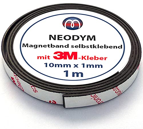 Neodym Magnetband Magnetstreifen selbstklebend - 1mm x 10mm x 1m - mit 3M-Kleber - Magnetklebeband mit sehr starke Haftkraft - diese Power-Neodymband besitzt eine Haftkraft von 350 g/cm²