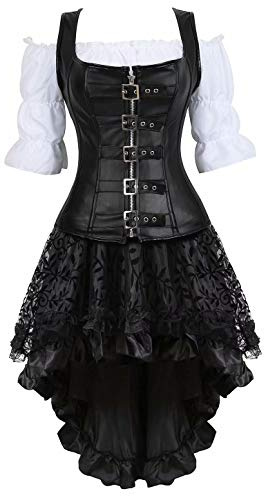 Corset Steampunk Mujer Bustier Sexy gotico Pirata Cuero Tutú Vestidos Blusa Fiesta 3 Piezas XL