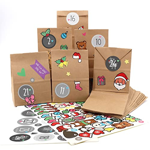 OWLBOOK® Adventskalender zum Befüllen | Adventskalender 2025 Tüten | Weihnachtskalender zum befüllen | 24 Papiertüten mit Aufkleber | Geschenktüten zu Weihnachten