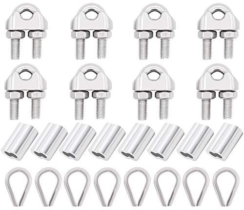 8 x Drahtseilklemmen/Klemmen, 8 x Fingerhut, 8 x Aluminium-Crimpschlaufe für 1/4 Zoll Drahtseil-Kabel – 304 Edelstahl