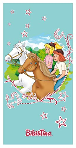 Tex Idea Bibi und Tina Strandtuch für Mädchen mit Pferde, Hufeisen und Sterne · Großes Badetuch Schwimmbadtuch 75x150 cm Handtuch aus 100% Baumwolle, Velours, Türkis