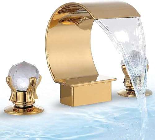 YAGATAP Gold Bathroom Sink Faucet 3 Hole 2 Handle Crystal Knobs High Arc Waterfall Spout Vanity Basin Mixer Tap 8-inch＆Upwards Widespread Bathtub Filler Fauce