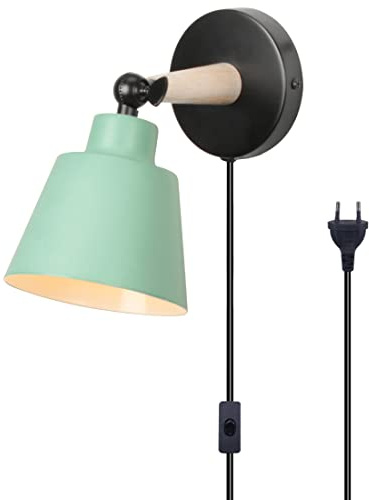 TOKIUS Wandleuchte Innen Moderne Nachttischlampe aus Metall und Holz Deko E27 Fassung Verstellbarer Wandbeleuchtung Innen Wandlampe für Schlafzimmer Wohnzimmer Flur (Grün, Mit Stecker Schalter)