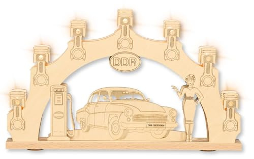 WEIGLA - Schwibbogen original Erzgebirge I LED Lichterbogen Weihnachten I Motiv Wartburg 311 I 7 Lampenkerzen + 1 Ersatzlampe I 7 x 34 V, 0,2 W, E10 I beleuchtete Weihnachtsdeko innen I Ganzjahresdeko