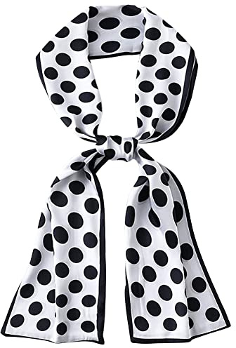 Donna Ragazza Sciarpa in Seta Sintetica Lunga e Sottile Sciarpa Elegante Cravatta Fasce Accessorio per Capelli Cinture 15×150cm - Motivo a Pois Bianco