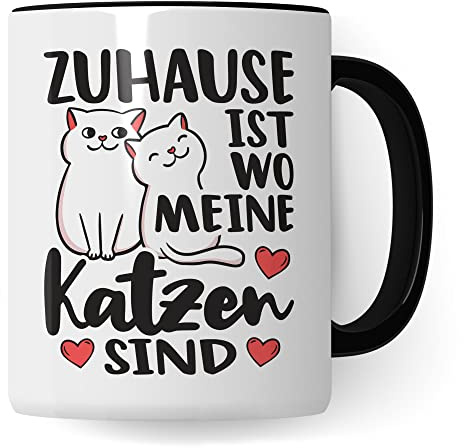 Tasse Katzen-Motiv, Zuhause ist wo meine Katzen sind Spruch, Süßes Geschenk Katzenliebhaber Katzen-Motiv, Geschenkidee Kollegen Freund Freundin, lustige Katze Kater Katzenfreund Büro-Tasse (Schwarz)