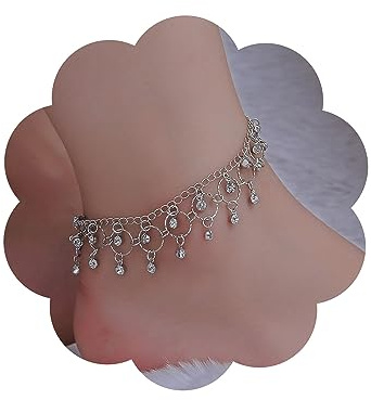 Wendalern Boho Rhinestone Tassel Anklet Cz Fringe Chain Dangle Anklet Crystal Drop Ankle Bracelets Silver Faux Diamond Foot Chain Jewelry for Women Girls