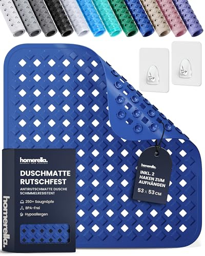 Homerella Duschmatta halkfri hudvänlig 53x53 cm, INKL. UPPHÄNGNING | Anti-Slip duschmatta BPA-fri | Badmatta Anti-Slip mögelresistent & maskintvättbar | Badmatta Anti-Slip