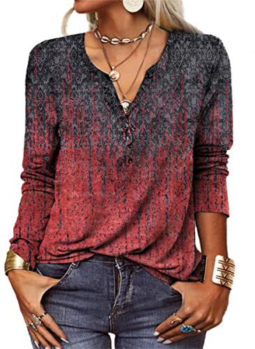GRMLRPT Tops Damen Langarm Rundhal Tshirts Tunika Oberteile Bedruckte Bluse Damen Elegant Lässige Hemd Knopfleiste (Rot,XL)